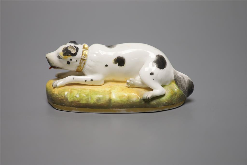An English porcelain figure of resting dog, c.1830-50, width 13cm